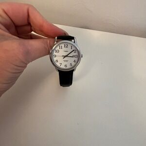 Timex Indiglo Watch Silver Tone White Dial Black Leather Strap Date Window